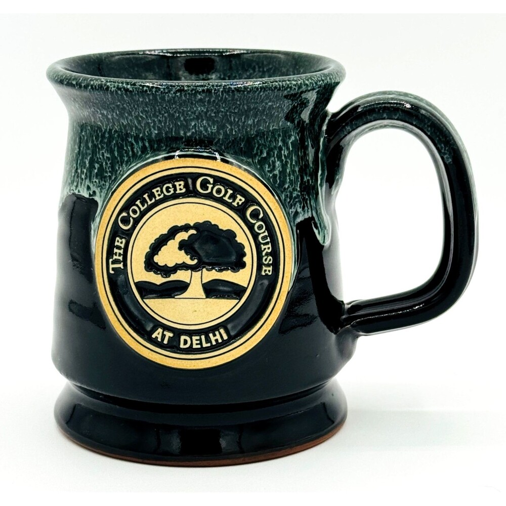 Deneen Pottery Mug The College Golf Course at Delhi NY Blue Green Drip Glaze